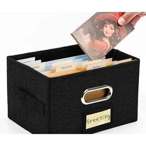 Greeting Card Organizer and Storage Box with 40 Pcs Adjustable Dividers, Storing Cards with 168 Pcs Labels Perfect for Storing Greeting Cards, Envelopes, Photos 2 Pack Black