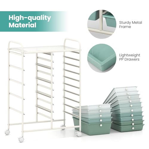Costway 15-Drawer Rolling Storage Cart - Green Gradient, 4 Casters