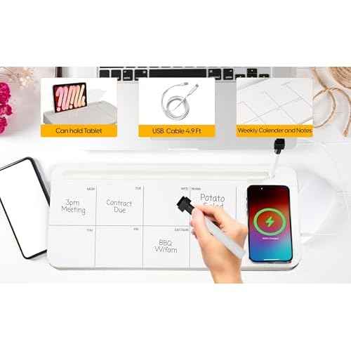 NEXTLUXE Glass Desk Whiteboard with Wireless Charger - Desktop Whiteboard with Storage, Weekly Planner, Dry Erase Pad, Organizer Drawer for Home, School, Office Gadgets ? White