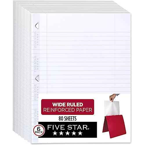 Five Star Loose Leaf Paper, 6 Pack, Notebook Paper, Wide Ruled Filler Paper, Reinforced, Fights Ink Bleed, 8 x 10.5, 80 Sheets per Pack (150025)
