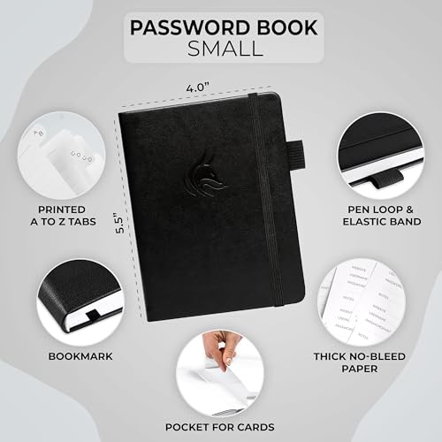 Clever Fox Password Book with Alphabetical Tabs - Small 4x5.5 Inch Black