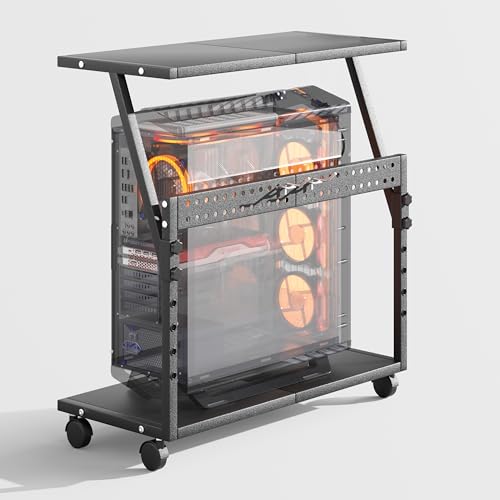 Tyfnry 24In Large PC Stand Black, 5-Level Height Adjustable CPU Holder Cart with Wheels & Hooks