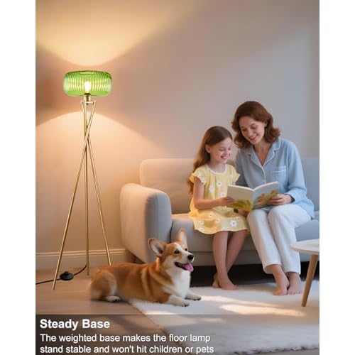 Lightdot Glass Tripod Floor Lamp for Living Room, Modern Gold Standing Lamp with Green Ribbed Glass Lampshade, Arc Tall Lamp for Bedroom Office Reading Room, (LED Bulb Included)