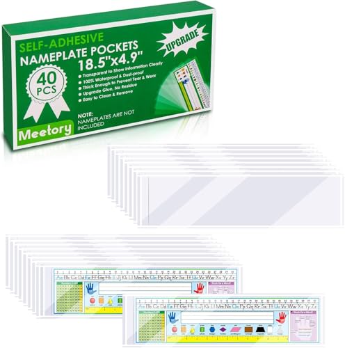 Meetory 40 Pack Upgraded 18.5 x 4.9 Inch Clear Plastic Nameplate Pockets Self-Adhesive Desk Labels