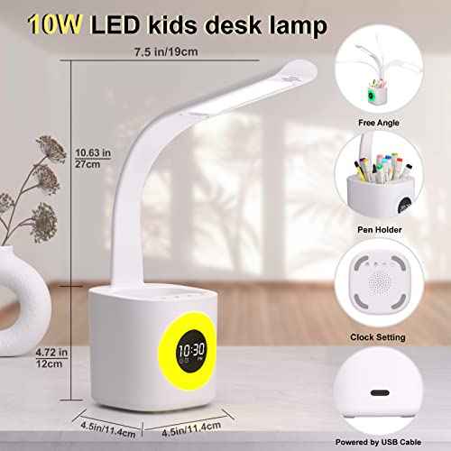 YOUKOYI LED Desk Lamp with Clock, Kids Desk Lamp, 10W Dimmable Study Lamp with Pen Holder, 4 Lighting Modes&5 Brightness Level with Color Changing Nightlight, Desk Lamps for Home Office, Gift for Kids