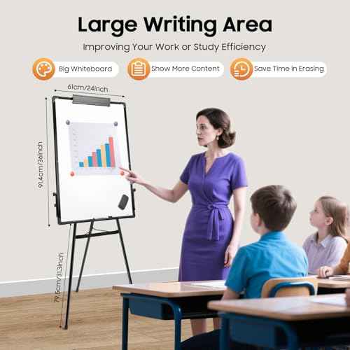 Magnetic Flipchart Stand Whiteboard with Non-Slip Tripod, Magnetic Portable Dry Wipe White Board with Height Adjustable, Foldable Whiteboards Hook Moving Flipchart Paper for School, Office