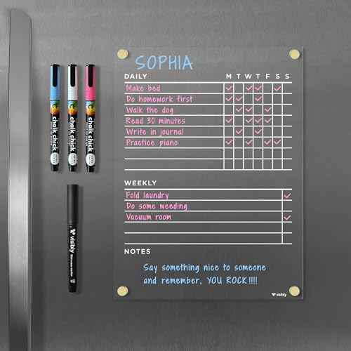 Magnetic Acrylic Chore Chart for Fridge, Includes 4 magnetic wet-erase markers for Refrigerator, 9" X 12". Put those kids to work!