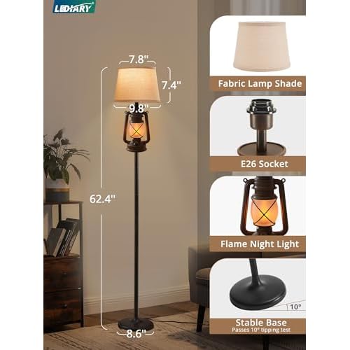LEDIARY LED Flashing Flame Night Lantern Farmhouse Floor Lamp for Living Room, Rustic Standing Lamp with Beige Linen Drum Lampshade, Lantern Floor Lamps for Bedroom Home Decor