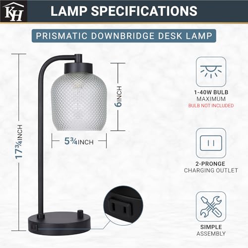 Kenroy Home Prismatic Glass Downbridge Black Desk and Task Lamp with Adjustable Arm and Energy-Efficient Lighting for Home Offices, Workspaces, and Study Areas