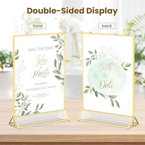 Acrylic Sign Holder 8.5X11 Gold Frames Double-Sided Gold Picture Frames for Menu Holder Wedding Table Numbers Display Stand with Removable Sticky Dots -6 Pack