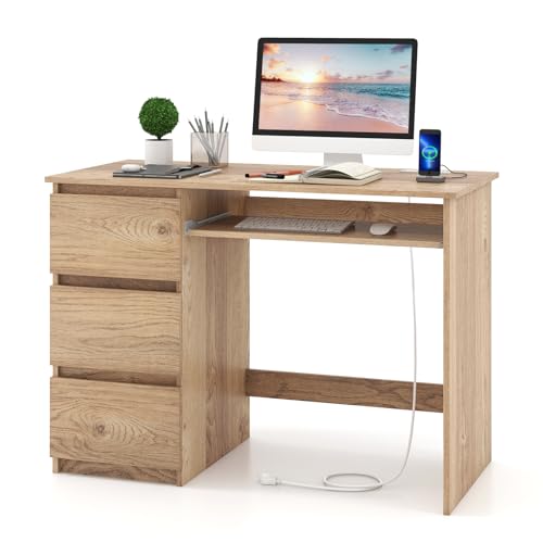 Tangkula Natural Computer Desk with 3 Storage Drawers & Built-in Charging Station