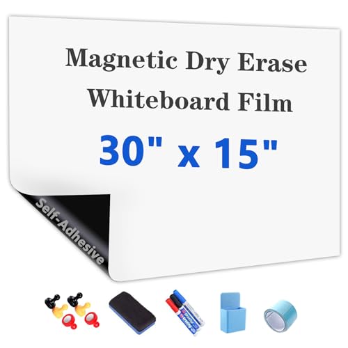 Magnetic Dry Erase Whiteboard Paper with Adhesive, 30" x 15" White Board Film for Wall, Easy to Write and Clean Dry Erase Board for Office, Classroom, Home, Include Marker, Magnetic Eraser and Magnets