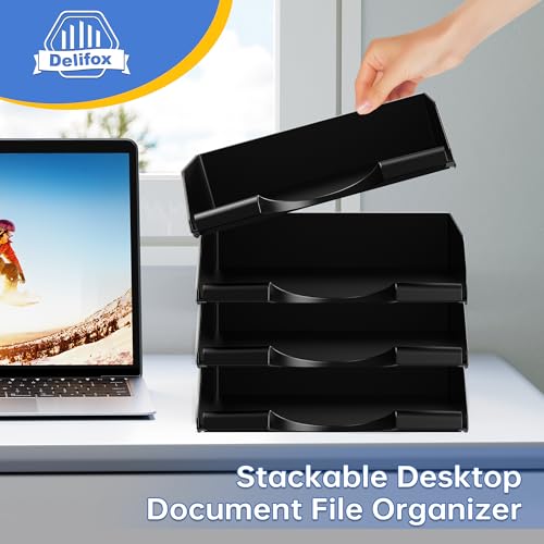 Delifox 4 Pack Black Stackable Paper Trays for Letter Documents Desktop Organizer