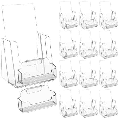 8 Sets Acrylic Brochure Holder 4'' x 9'' Brochure Display Stand Pamphlet Flyer Stand Plastic Flyer Holder with Business Card Case for Magazine Literature Booklets Menu Journals