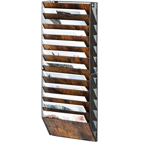 12-Pocket Wall File Organizer, Wood Mail Organizer Wall Mounted Paper Document Magazine Holder, Hanging Clipboard Storage Basket for Office Home School Organization, Black/Antique
