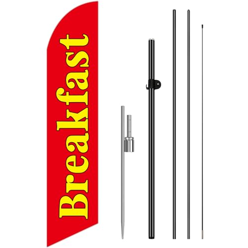 Blulu Shop Advertising Feather Banner Sign with Completed 15 Feet Tall Advertising Flag Banner with Fiberglass Pole Kit and Rotating Ground Spike for Outdoor Decoration(Breakfast)