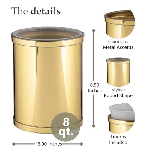 Kraftware Mylar Collection Wastebasket with Plastic Liner, adds Luxurious Style to The Home or Office, Bathroom or Bedroom, 8 Quart, 2 Piece Set with Liner for Easy Cleanup, Gold w Gold Trim