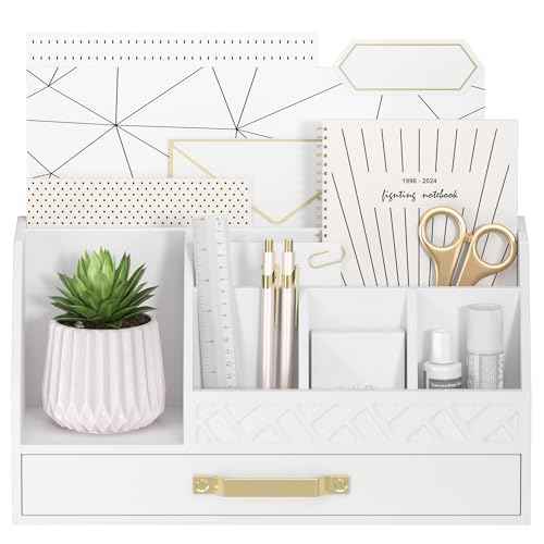 Bamboo Desk Organizer with Drawers, Mail Organizer Countertop Wood Desk Drawer Tabletop Storage Organization Pen Holder Letter Sorter Makeup Organizer for School Home Office (White)