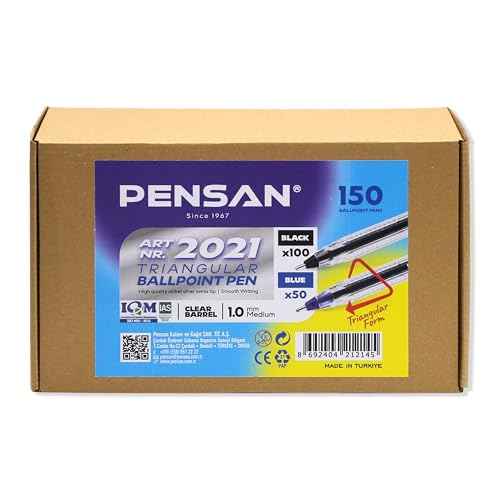 PENSAN Ballpoint Pens Bulk Pack, 150-Count ? (100 Black & 50 Blue) Ink Pens, 1.0mm Medium Point, Ergonomic Triangle Grip, Smooth Writing