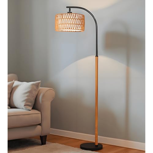 65¡± Brown Black Boho Floor Lamp for Living Room, 1200 Lumens 3-Level Brightness Rattan Arc Floor Lamp for Bedroom, Wood Mid Century Modern Arc Standing Lamp, Boho Tall Lamp, LED Bulb Included