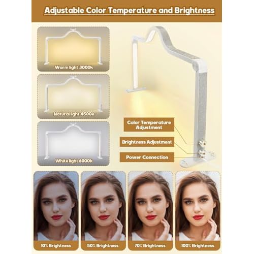 Kalolary Half Moon Light for Nail Desk, Foldable Arch Light Nail Techs Lamp with Phone Holder, 3000-6000K Brightness Adjustable LED Lash Lamp for Beauty Eyelashes Tattoos(Crystal Diamond) White