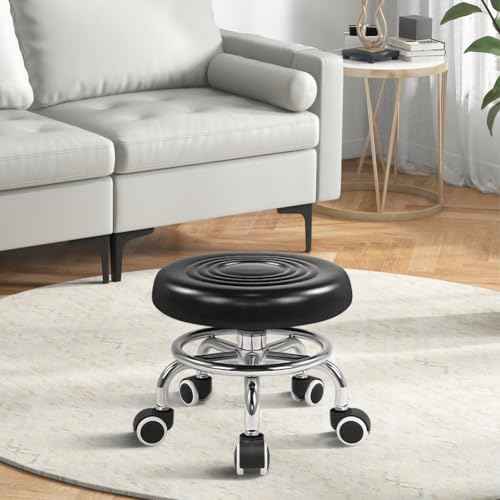 KKTONER Black Roller Seat PU Leather Rolling Stools with Wheels Nail Stool for Home Work Office Shop Step Stool (Black)