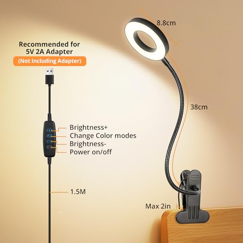 Woputne Black Clip-On Desk Lamp for Reading & Study, 3 Light Modes & Dimmable