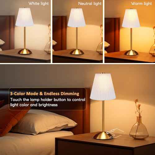 LED Metal Table Lamp -Fabric Shade Desk Lamp, 3-Color LED Desk Lamp for Bedroom Nightstand,Patio Table Lamp,Night Light for Kids Nursery (White)