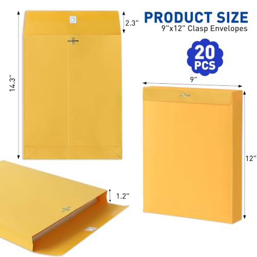 MAXECHO 9x12 Inch Manila Envelopes with Clasp, 20 Pack, Heavyweight Mailing Folders for Business & Office Use
