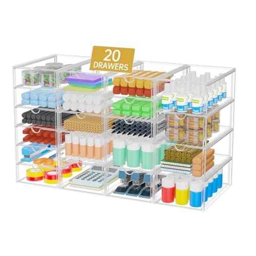 Acrylic Makeup Organizer with 20 Drawers, 4 Set Clear Storage Drawers, Acrylic Drawer Organizer and Storage for Desktop Office Supplies Make Up Pen Hair Accessories