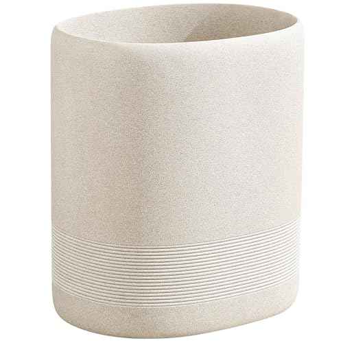 Trash Can, 1.8 Gallon Small Bathroom Trash Can, Simple Oval Stone Look Garbage Bin, Decorative Waste Basket for Kitchen Office, Home Decor, Bedroom, Living Room (Beige)