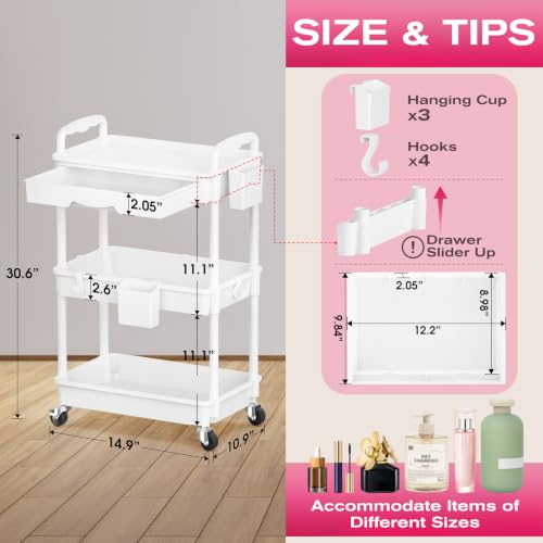 Goovilla Rolling Makeup Organizer Cart with Removable Drawer - White, 3-Tier