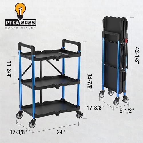 WORKPRO 3-Tier Collapsible Utility Cart Black Blue 210 LBS with Wheels