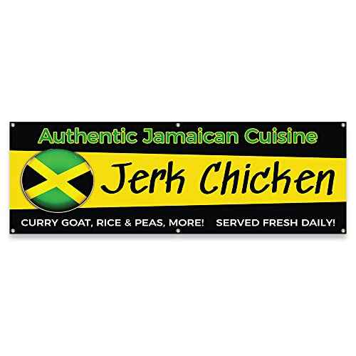 Authentic Jamaican Cuisine Jerk Chicken Curry Goat | 24" X 72" Banner | Concession Stand Food Truck Single Sided with Grommets | Made in The USA
