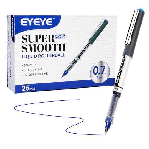 EYEYE Blue Rollerball Pens 0.7mm, 25 Pack Liquid Ink Roller Ball Pen Medium Point Quick Dry, Blue Ink Pens Fine Point Smooth Writing Pen for Journaling, Note Taking, Office, School Supplies