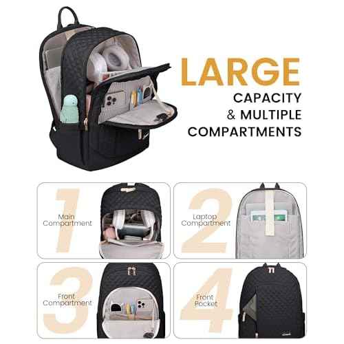 LOVEVOOK Travel Backpack for Women,17 Inch Laptop Work Business College Backpack Purse,Large Capacity Anti Theft Nurse Computer Bag,Lightweight Quilted Travel Backpacks for Weekender,Black