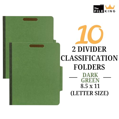 The File King Two Divider Pressboard Classification Dark Green File Folder - Letter Size | Box of 10 | 2/5 ROC Top Tab | 2¡± Expansion | Six 2-Inch Fastener Prongs | Made in America