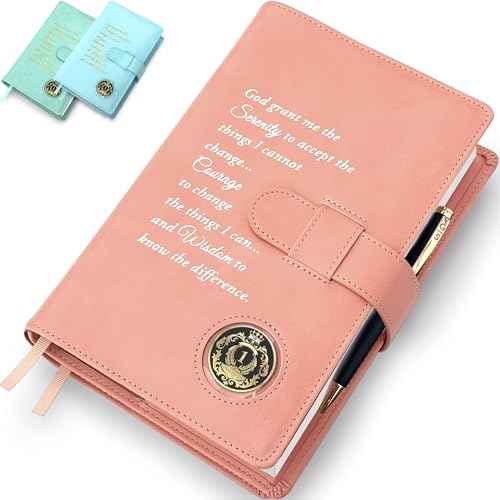Galileo¢ç Double AA Big Book Cover & 12 Steps & 12 Traditions | PU Leather | Coin Holder | AA Book Covers for Hardcover | AA Gift | Alcoholics Anonymous (Serenity Prayer/Pastel Peach)