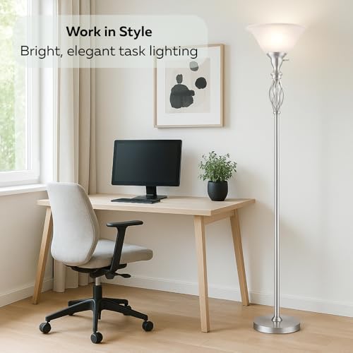 LIGHTACCENTS Torchiere Floor Lamp with White Alabaster Glass Shade ? Tall Standing Lamp with Iron Scrollwork and Brushed Nickel Finish ? Modern Floor Lamp for Living Room and Office