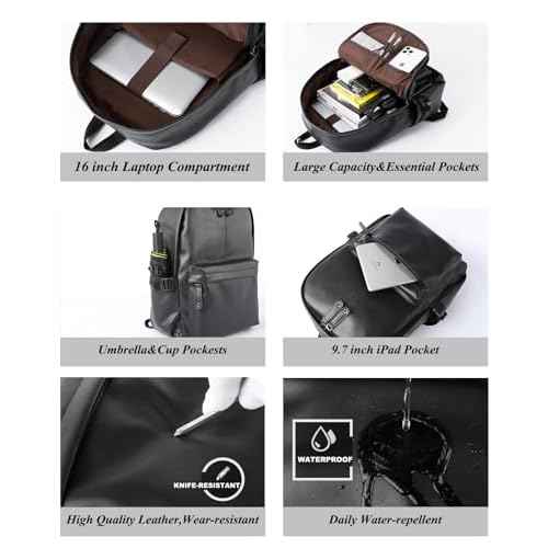 Pu Leather Laptop Backack For Men Women Classic Water-Resistant Purse Airplane Travel Backpacks Work Business Bag Black