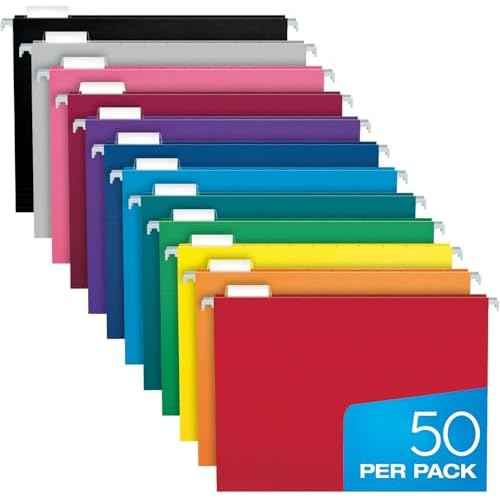 Pendaflex Colored Hanging File Folders Letter Size with 1/5 Cut Adjustable Tabs, 8.5 X 11-50 Pack of 12 Assorted Colors