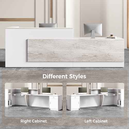 Modern L-Shaped Reception Desk with Hutch, Office Reception Counter Table with Lockable Drawer and Door Cabinet, Wooden Computer Front Desk (Oak+Warm White-Left Cabinet, 110.24"L*23.62"W*41.34"H)