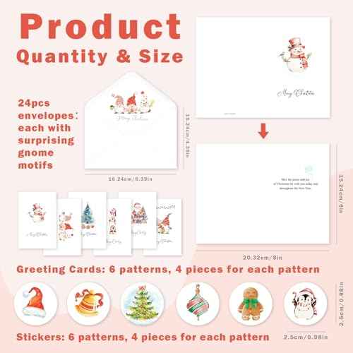 24 Pack Christmas Cards Bulk with Envelopes & Stickers, Watercolor Merry Christmas Card Blank Holiday New Years Cards 4"x 6", 6 Assorted Designs