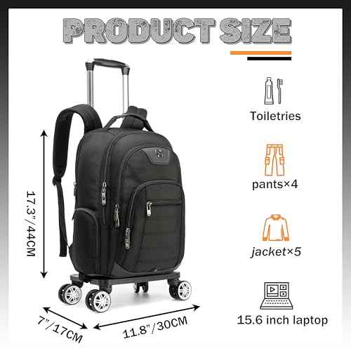 Rolling Laptop Backpack for Men Carry on Luggage Roller Backpack with Wheels Removable Wheels and Trolley Black Wheeled Backpacks for Travel Airline Approved