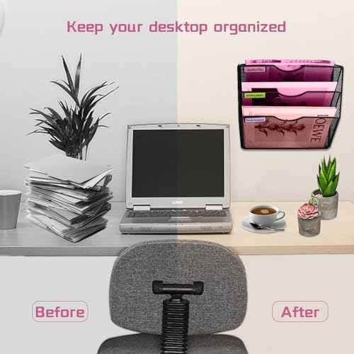 3 Pockets Mesh Wall File Holder Organizer Office Hanging File Folder Magazine Rack, Nametag Label Hooks Set Included (Black)
