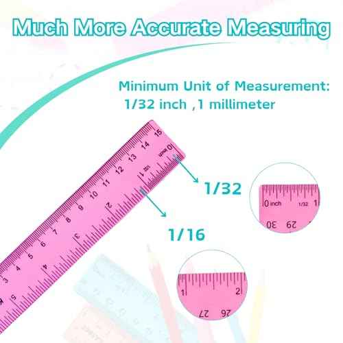 6 Inch Rulers, Colored Clear Rulers, Centimeters and Inches, Plastic Ruler for Kids, School, Home, Office, Pack of 7