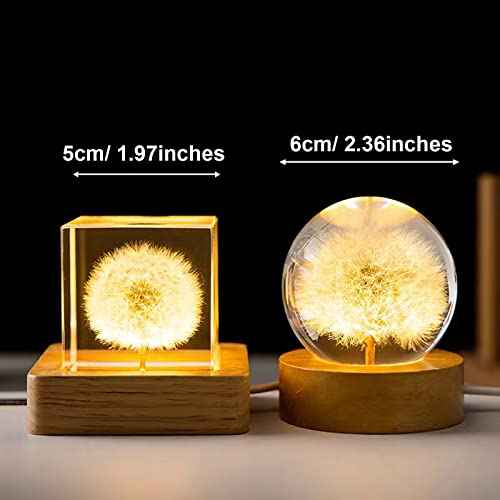 DESHINTKE Real Dandelion Glowing Cube Eternal Flower Paperweight with Luminous Base (Cube)