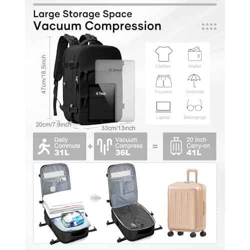 Black Vacuum Backpack Travel Air Backpack with Pump Personal Item Carry On Backpacks Flight Approved Laptop Work Seal Compression Bags Men Women Vacpack Business College Casual Daypack