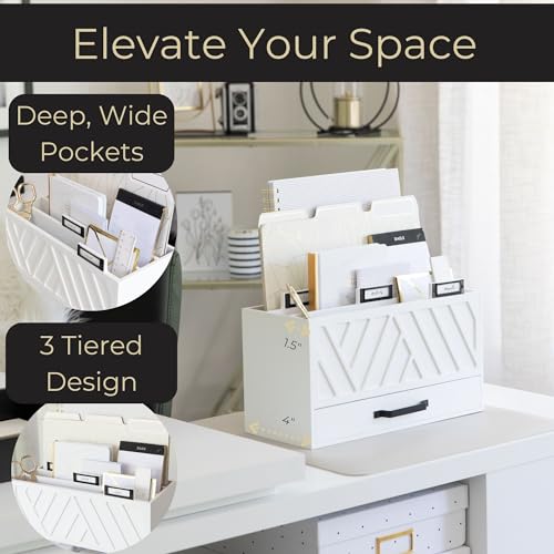 BLU MONACO White Desktop Mail Organizer ? Three-Tiered with Gold Label Holders and Drawer ? Stylish Mail Holder and Countertop Document Storage for Home or Office