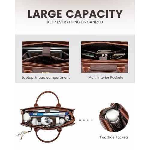 LOVEVOOK Laptop Tote Bag for Women, Vintage Leather Work Bag With Cup Holder, Waterproof Computer Purse, Professional Briefcase Office Shoulder Handbag, 15.6 Inch, Brown